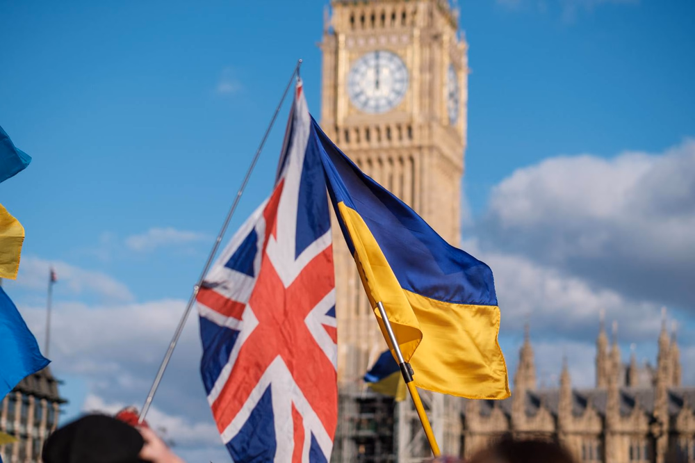 Ukrainian and British flags representing cooperation